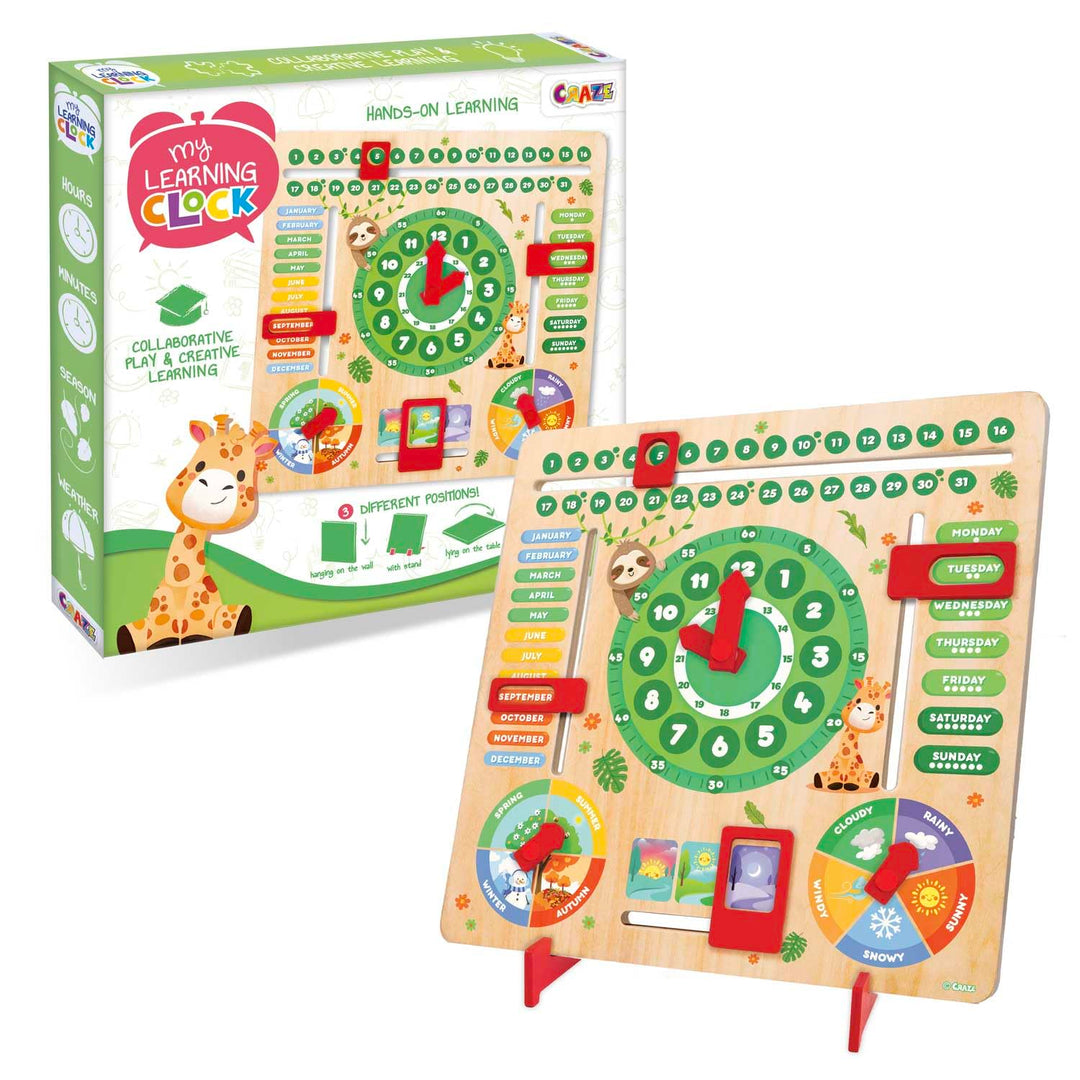 CRAZE My Learning Clock Animals ENGLISCHE SPRACHE - Lernuhr Kinder Holz, Kalenderuhr zum Lernen für