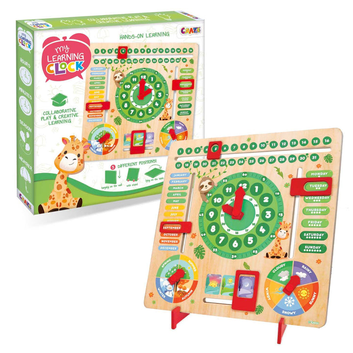 CRAZE My Learning Clock Animals ENGLISCHE SPRACHE - Lernuhr Kinder Holz, Kalenderuhr zum Lernen für