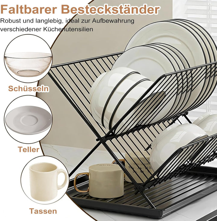 Abtropfgestell Edelstahl klappbar X-Form mit Auffangschale | Edelstahl Geschirrabtropfgestell X-Form