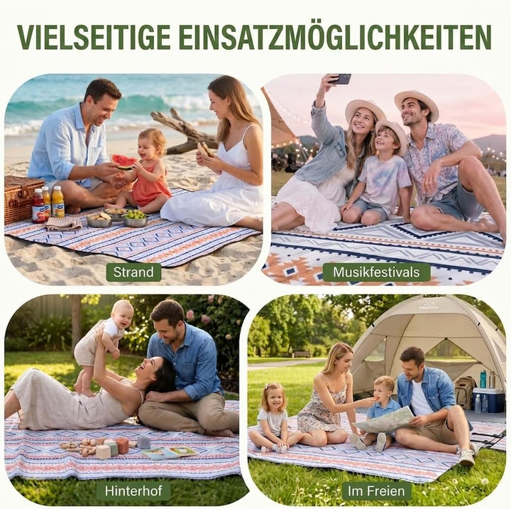 WolfWise Picknickdecke Wasserdicht, 200x200 cm grosse Stranddecke, Faltbare Picknick Decke mit Verst