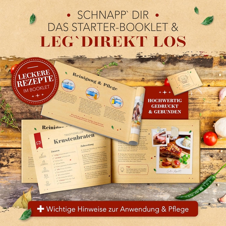 KRUSTENZAUBER Gusseisen Topf [inkl. Fleischgabel] - Hochwertiger 26cm Schmortopf backofengeeignet -