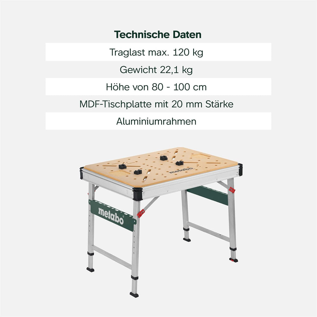 Metabo Multifunktionstisch MWB 100, mobile Werkbank, Arbeitstisch, Werkbank mit höhenverstellbaren S