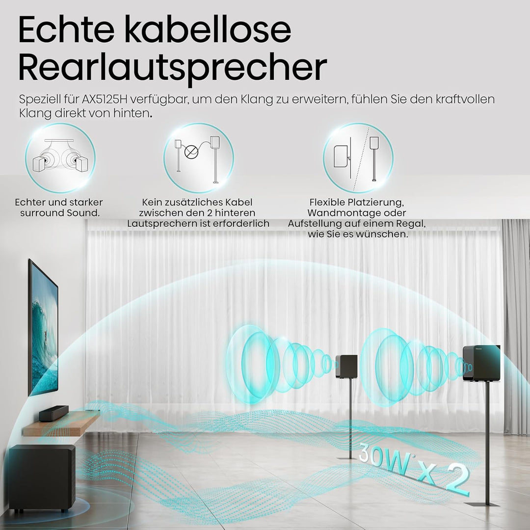 Hisense AX5125H 5.1.2 Soundbar mit kabellosem Subwoofer und Rücklautsprechern, 500W, Dolby Digital P