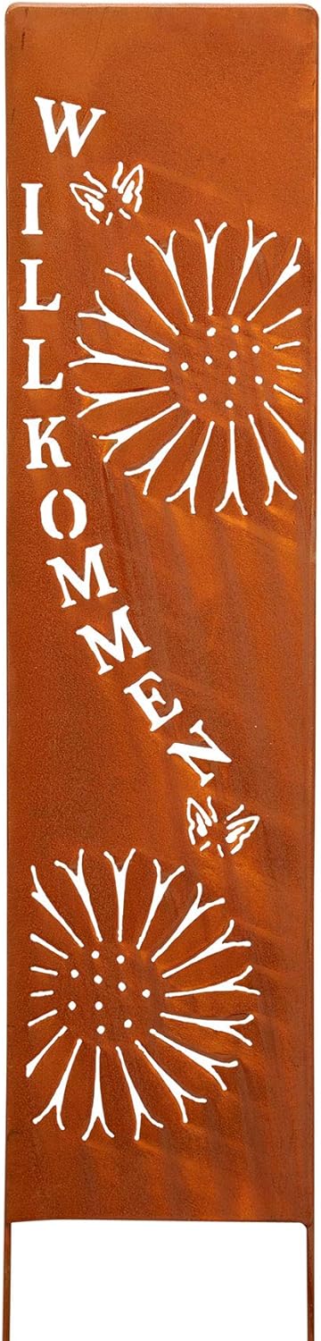 levandeo Stele Willkommen Garten-Deko 20x100cm Eisen Rost Rostdeko Braun Gartenstecker Gartenstele E