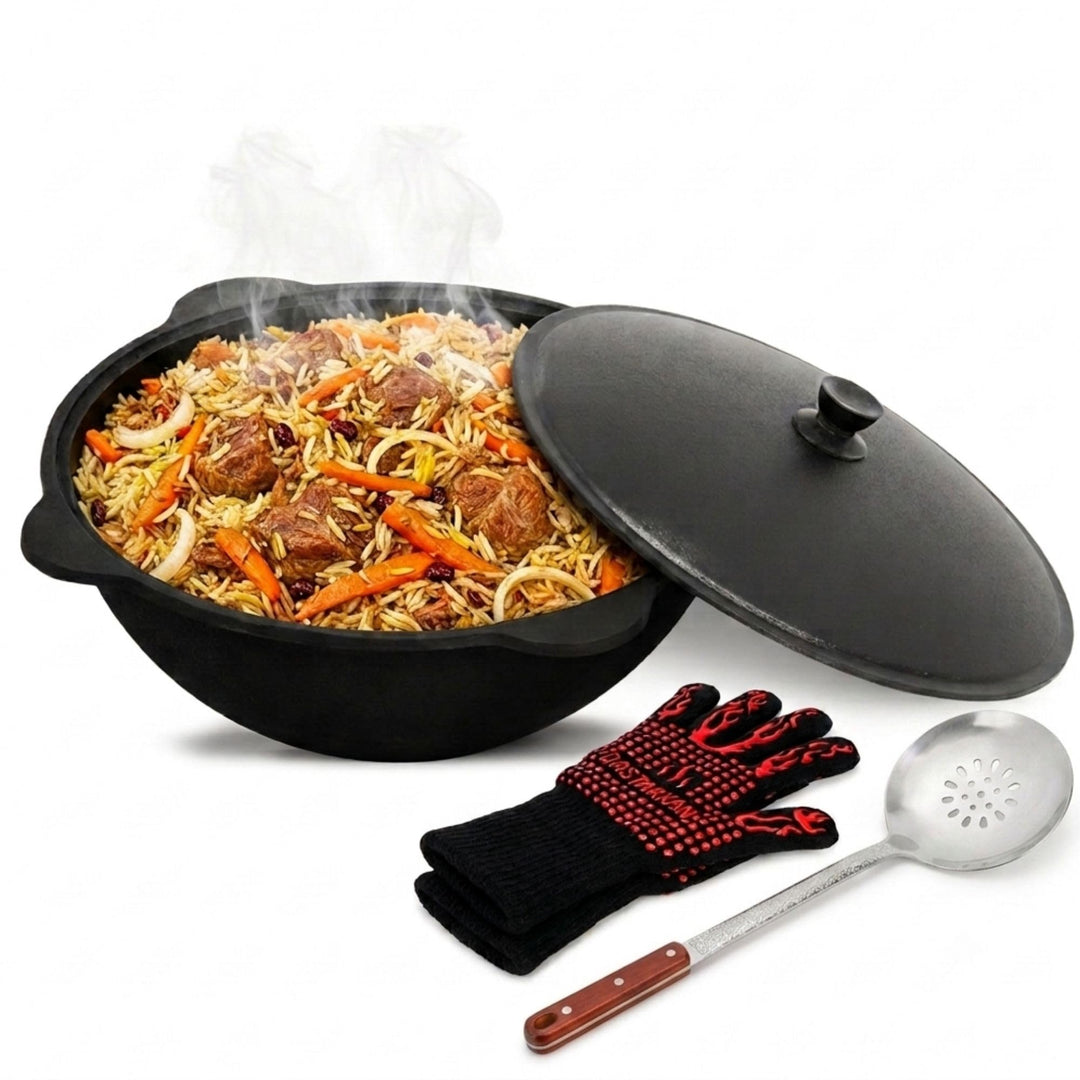 BIG-PAN Kasan Gusseisen 8L mit Aluminium Deckel flacher Boden Schaumkelle Lagan handbemalt Original