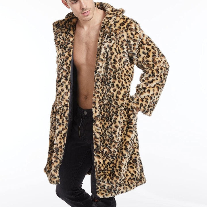 Celucke Pelzmantel Herren Lang Kunstpelz Mantel Leopard Strickjacke Reverskragen Winterjacke Warme V