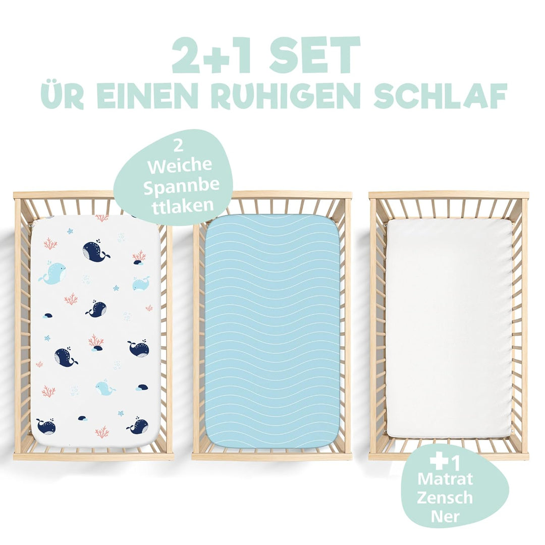 2X Spannbettlaken aus 100% Baumwolle mit Gummiband - 1X Matratzenschoner aus 100% wasserdichtem Mate