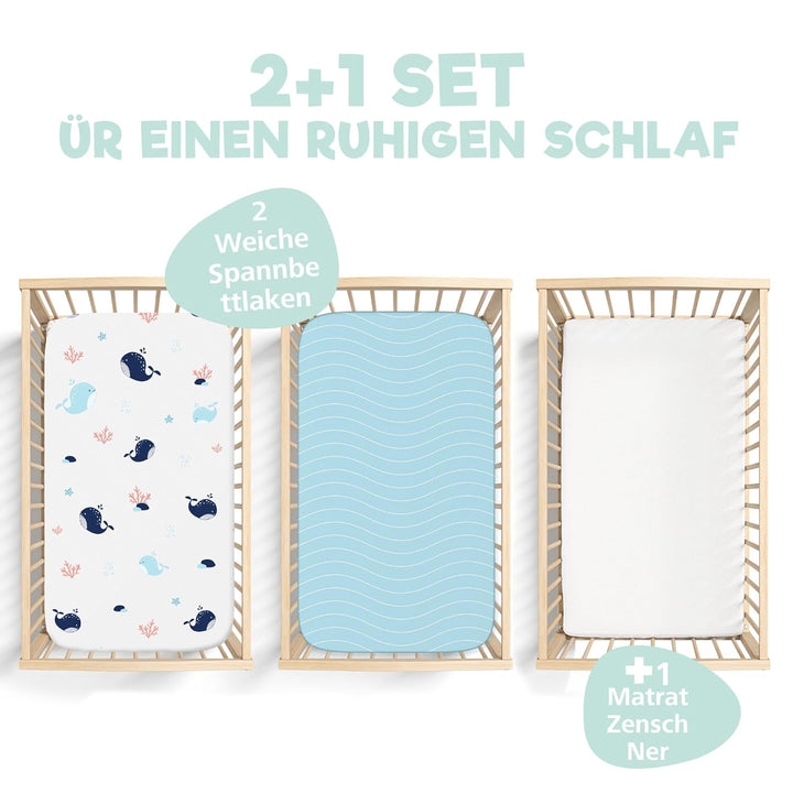 2X Spannbettlaken aus 100% Baumwolle mit Gummiband - 1X Matratzenschoner aus 100% wasserdichtem Mate