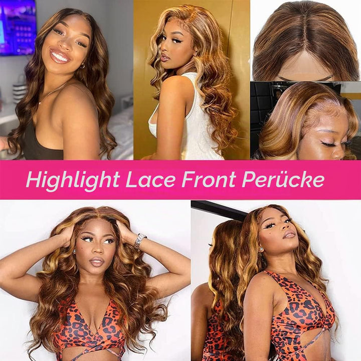 Highlight Lace Front Wig Human Hair Transparent 13X4 Lace Frontal Wigs Body Wave Colored Ombre P4/27
