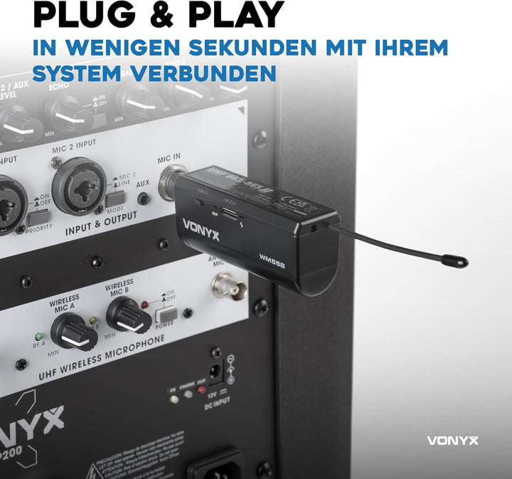 Vonyx WM55B Funkmikrofon Set, Headset Mikrofon und Lavalier Mikrofon Kabellos mit Plug-in-Empfänger,
