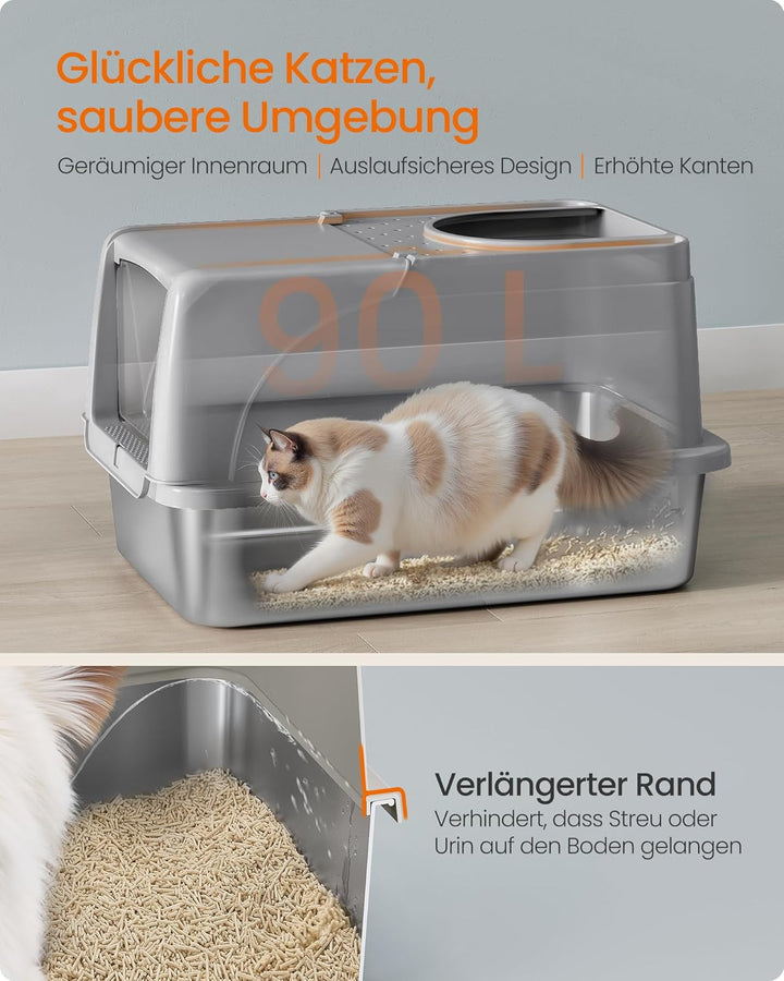 Feandrea Katzenklo Edelstahl, XL, Katzentoilette mit Deckel, mit Schaufel, Bürste und 2 Eingängen, f