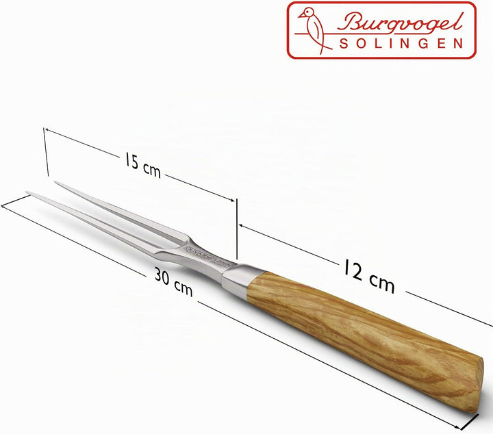 Burgvogel Solingen Fleischgabel 15 cm geschmiedet Olivenholz, Oliva Line, Grillgabel rostfrei, Wurst
