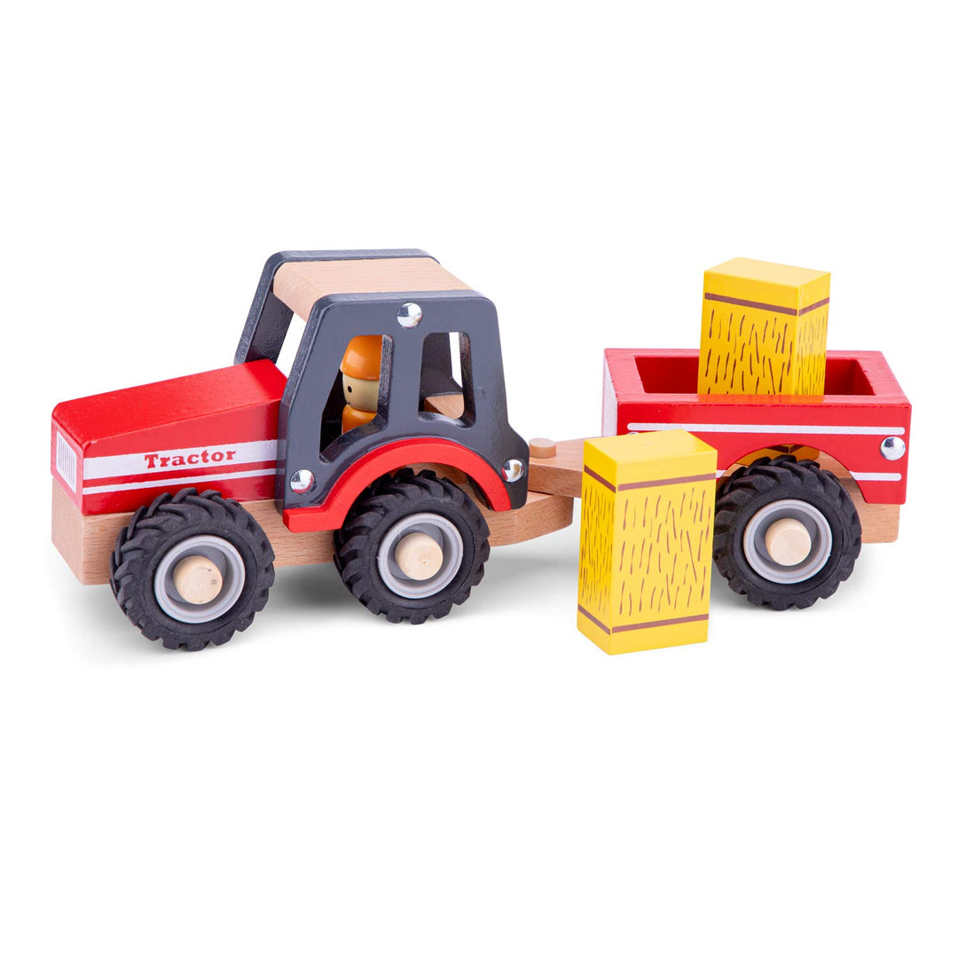 Woet® Holzspielzeug Traktor mit Anhänger für Kinder - Mit Heuballen - Bauernhof Fahrzeug Spielset -