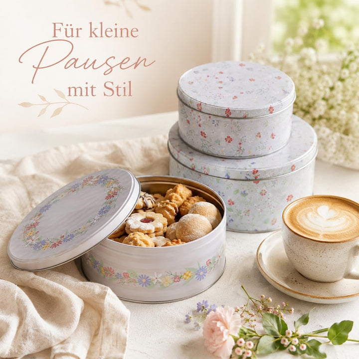 MIJOMA Keksdosen-Set – 3er-Set Metalldosen mit Deckel – Motiv Flowers | runde Dosen mit Motiv – stap