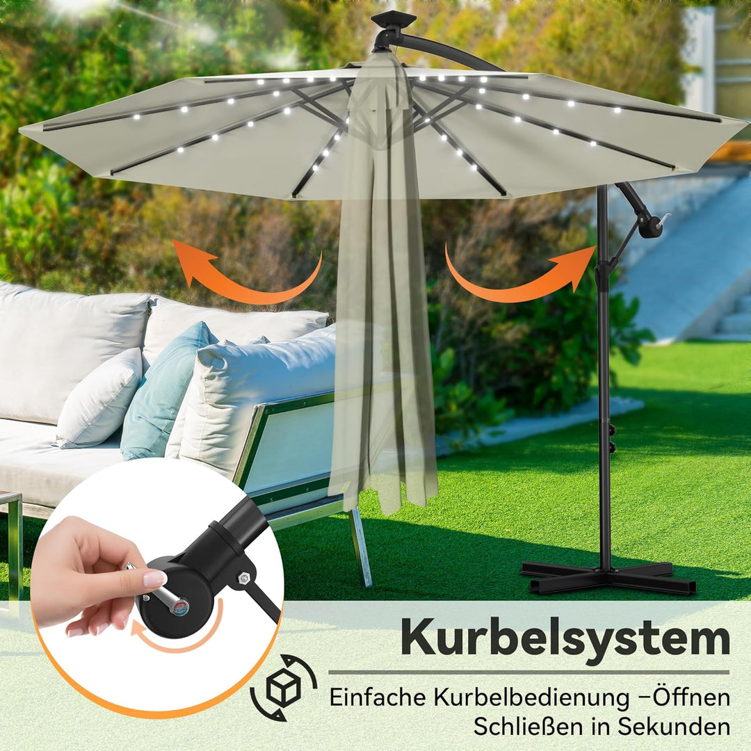 ACXIN Alu Sonnenschirme Ø350cm mit Solar LED Beleuchtung Ampelschirm mit Kurbelvorrichtung Höhenvers