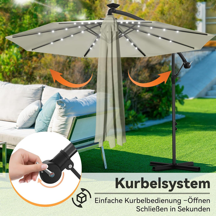 ACXIN Alu Sonnenschirme Ø350cm mit Solar LED Beleuchtung Ampelschirm mit Kurbelvorrichtung Höhenvers