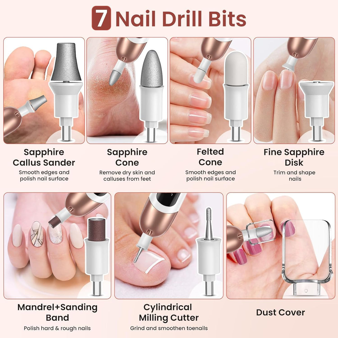 Maniküre/Pediküre Set, Nagelfräser, Kabellos Akku Elektrische Nagelfeile mit 6 Aufsätze zur Nagelpfl