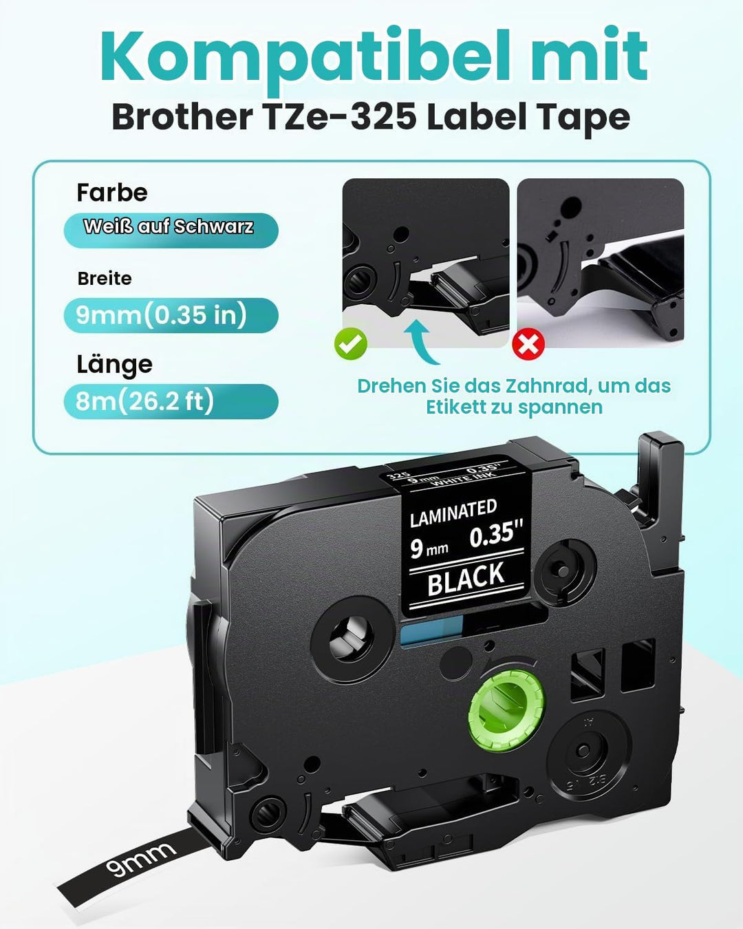 MarkField 4x TZe-325 9mm Weiss auf Schwarz Schriftband Kompatible für Brother P-Touch Bänder TZ TZe3