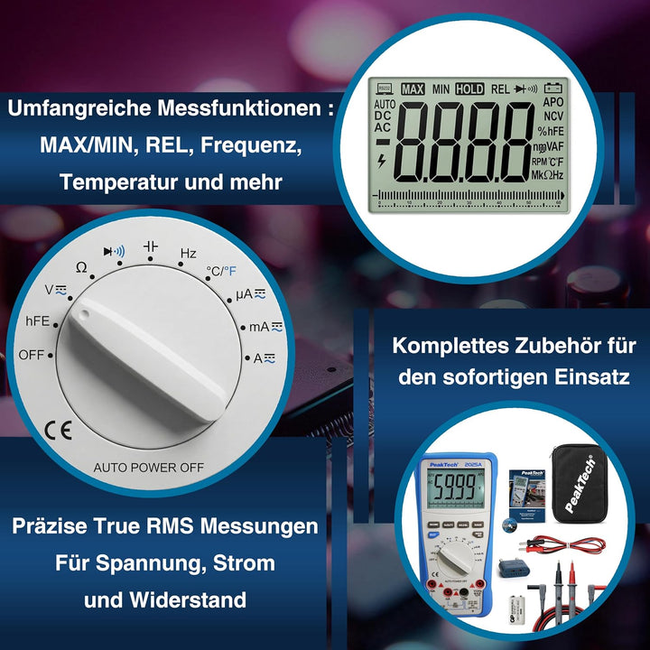 PeakTech 2025 A – True RMS Digital Multimeter, 6.000 Counts, integrierte Datenschnittstelle mit Soft
