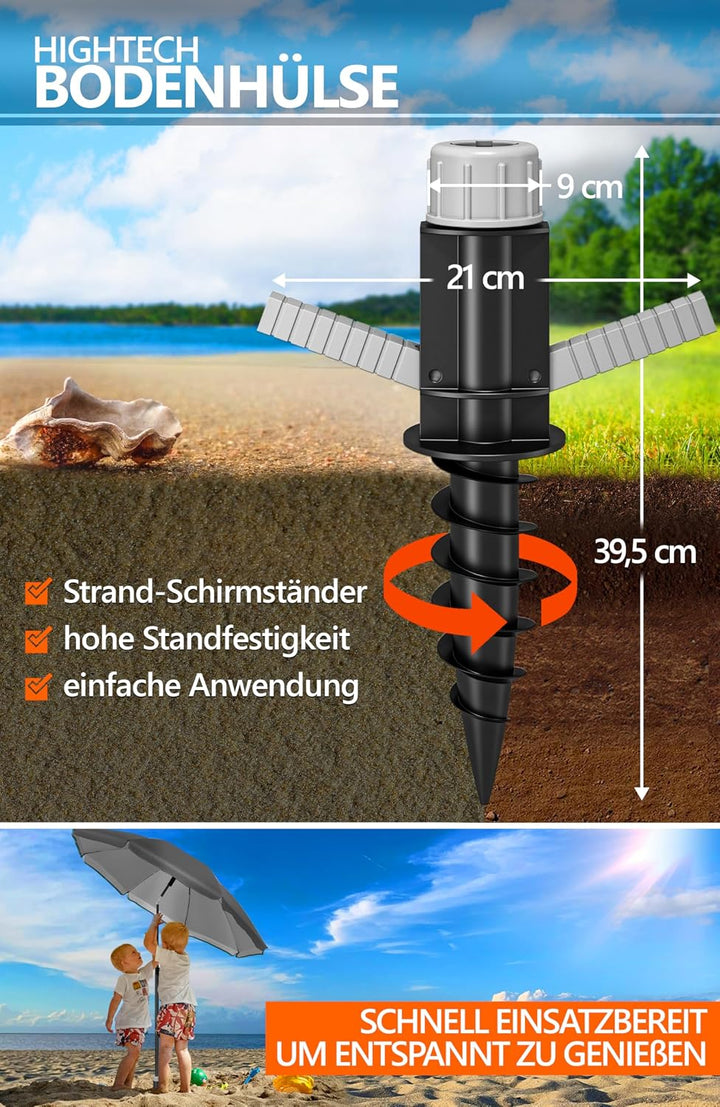 4smile Sonnenschirm Strand Ø 200 cm, 3-in-1 SET mit Bodenhülse, Anthrazit | UPF 50+ Strandschirm + S