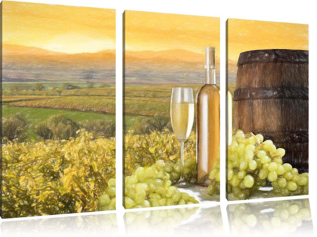 Pixxprint Weinreben mit Weinflasche und Fass als Leinwandbild/Grösse: 3 Teilig (120x80) cm/Wandbild/