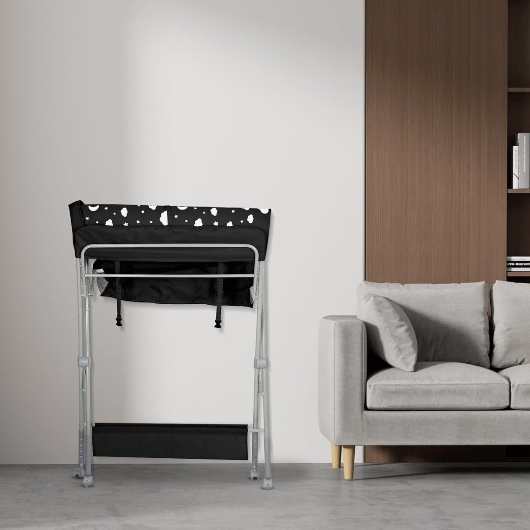 Baby Klappbarer Wickeltisch，Mobiler Wickeltisch mit Rollen und Wickelauflage,Wasserdicht und Höhenve