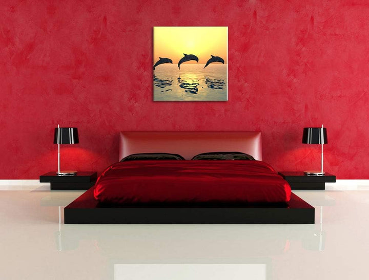 Delfine im Sonnenuntergang, Format: 70x70 auf Leinwand, XXL riesige Bilder fertig gerahmt mit Keilra