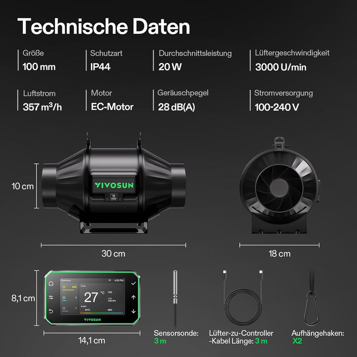 VIVOSUN Rohrventilator 100mm Abluftventilator 357m³/h mit EC-Motor und GrowHub E42A WLAN-Controller