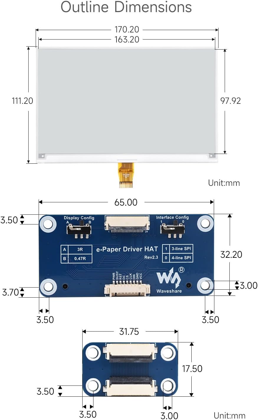 Waveshare 7.5inch E-Paper HAT Display Module, 800×480 Resolution, Supports Black/White 2 Colors, Com