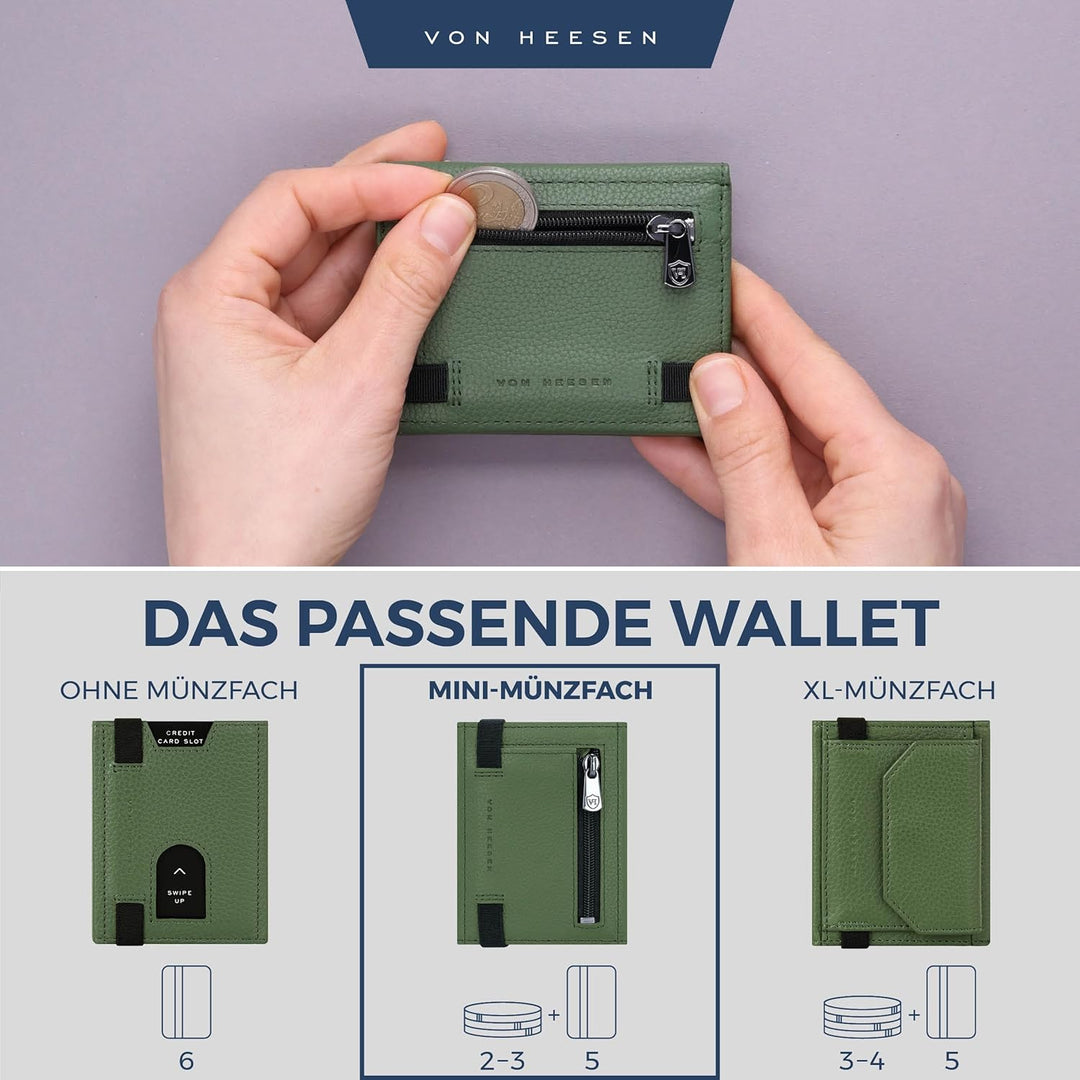 VON HEESEN Slim Wallet mit Münzfach & RFID-Schutz - Leder Geldbeutel - Mini Geldbörse für Herren und