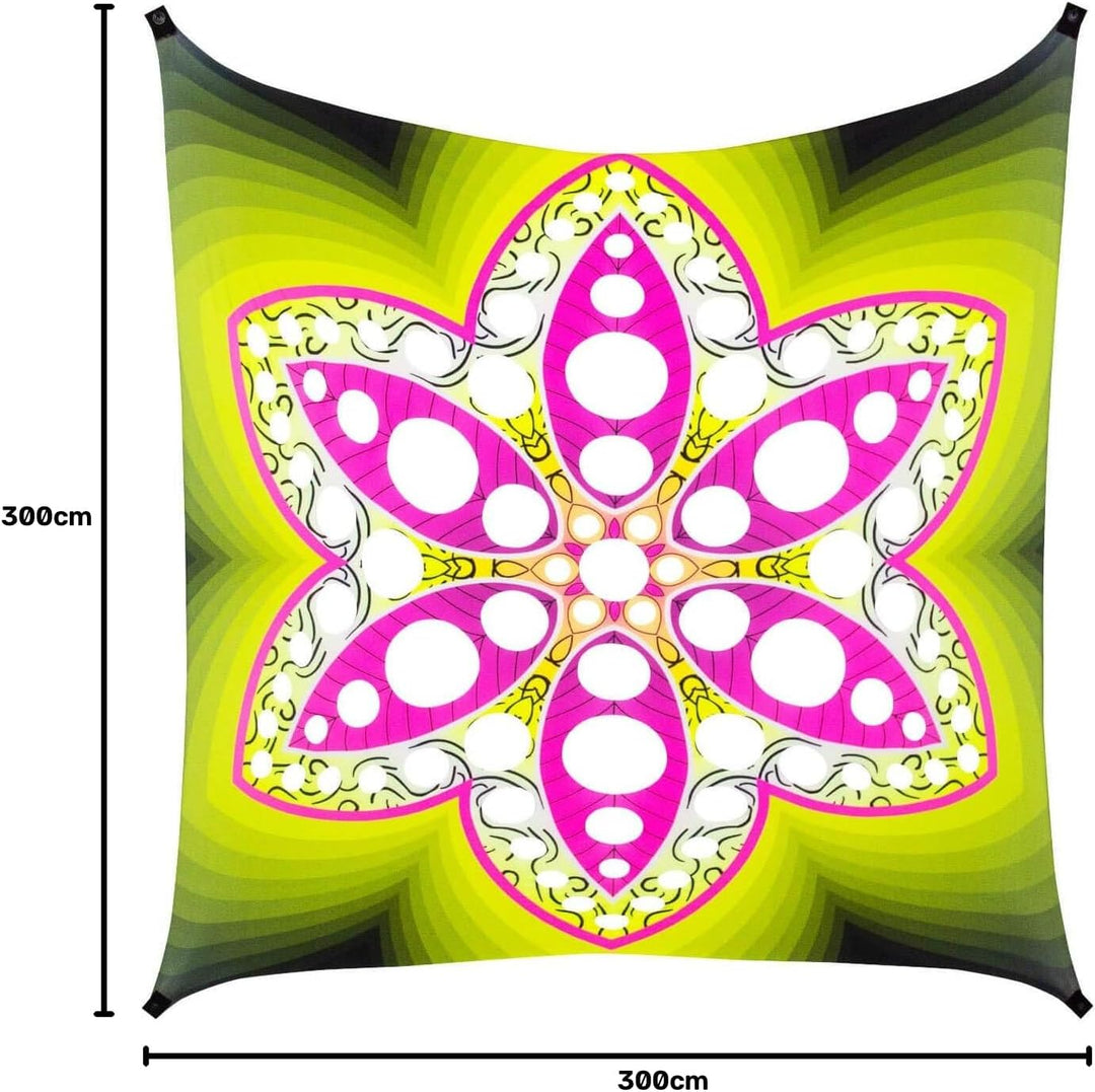 PSYWORK Schwarzlicht Segel Spandex | Goa Psychedelic Flower Pink | 3 x 3m | UV-aktiv | leuchtend | W