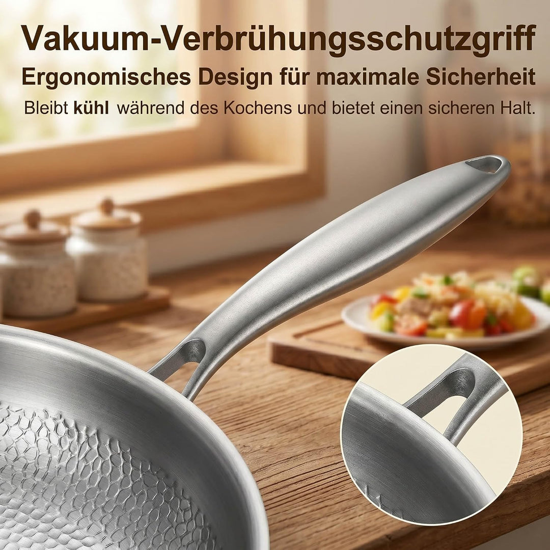 Titan Pfanne 28 cm mit Deckel, Unbeschichtete Titan Bratpfanne mit Gehämmertem Design, Kratzfeste Ph