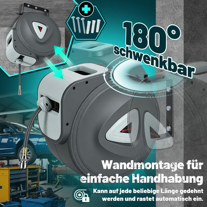 Ollewiellan Druckluftschlauchtrommel 30m, Schlauchaufroller Druckluft mit 1/4 Zoll Schnellkupplung,m