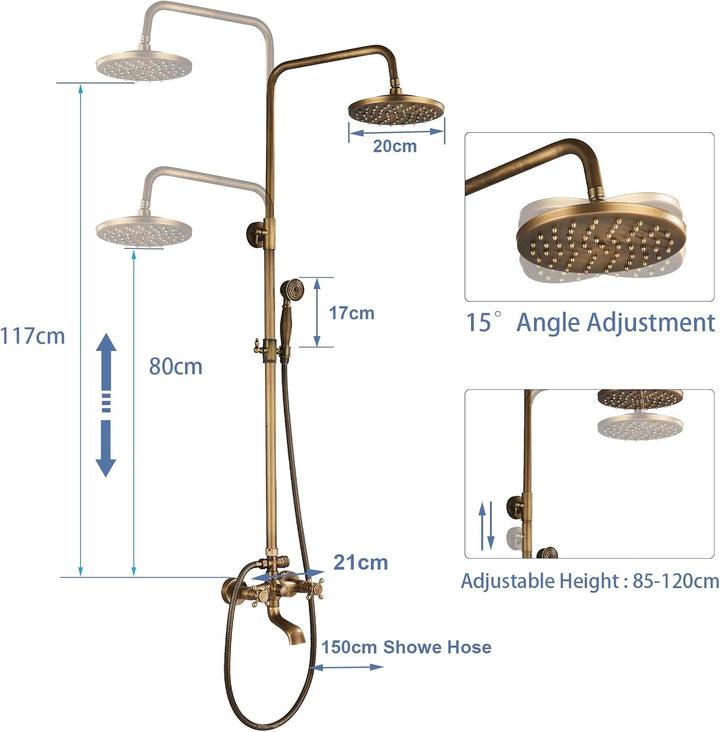 Duschsystem mit Regendusche, Antik Messing, Edelstahl, mit Handbrause, Kopfbrause, Verstellbarer Dus