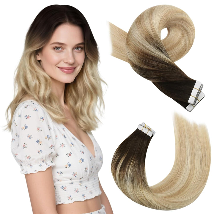 Moresoo Invisible Tape Extensions Blond Haarverlängerung Echthaar Tapes 35 cm Dunkelbraun bis Karame