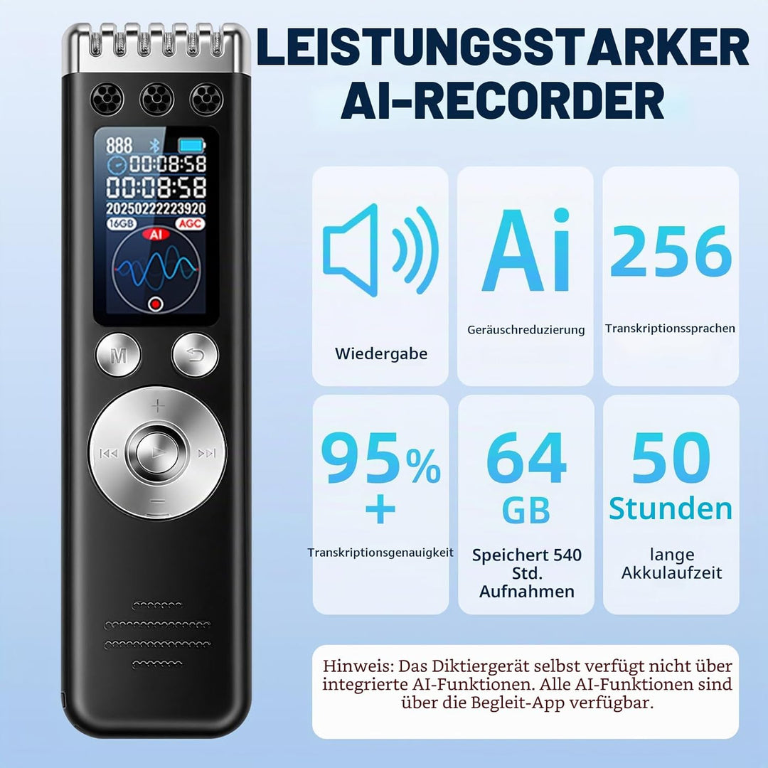 woeaozy 64 GB AI Digitales Diktiergerät - Professionelles tragbares Tonbandgerät mit KI-Transkriptio