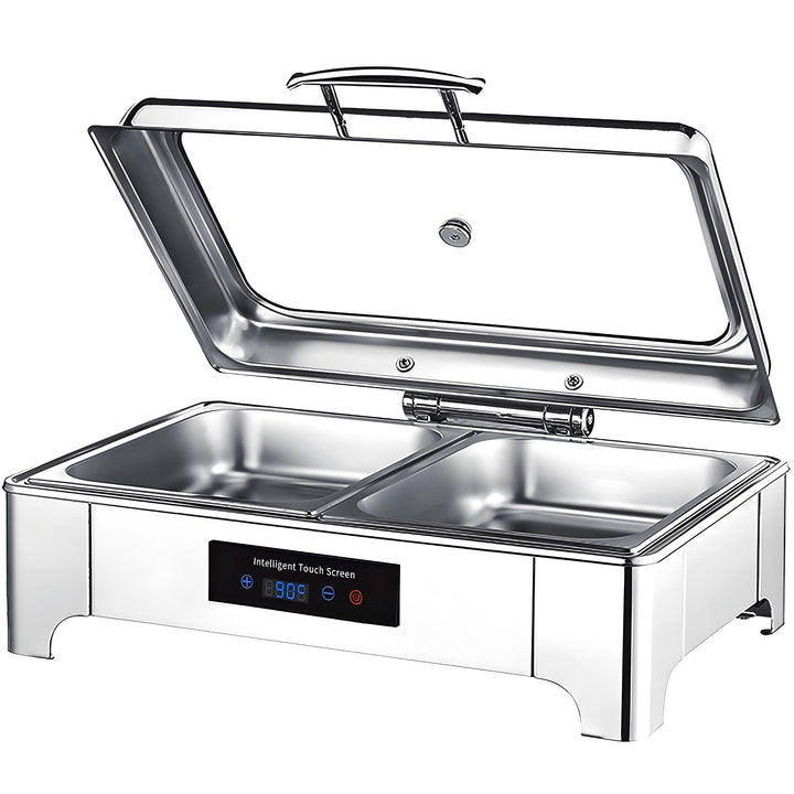 Chafing Dish Elektrisch, Edelstahl Speisewärmer Buffetwärmer 9L mit Sichtbarem Glasdeckel, Einstellb