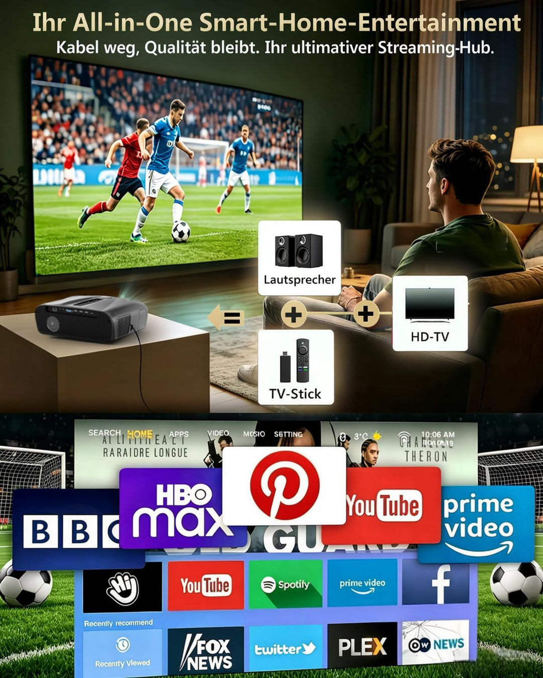 4K Beamer UHD 2300 ANSI Tageslicht Projektor Indoor Heimkino HDR10 WiFi6 Bluetooth NFC Smart Android