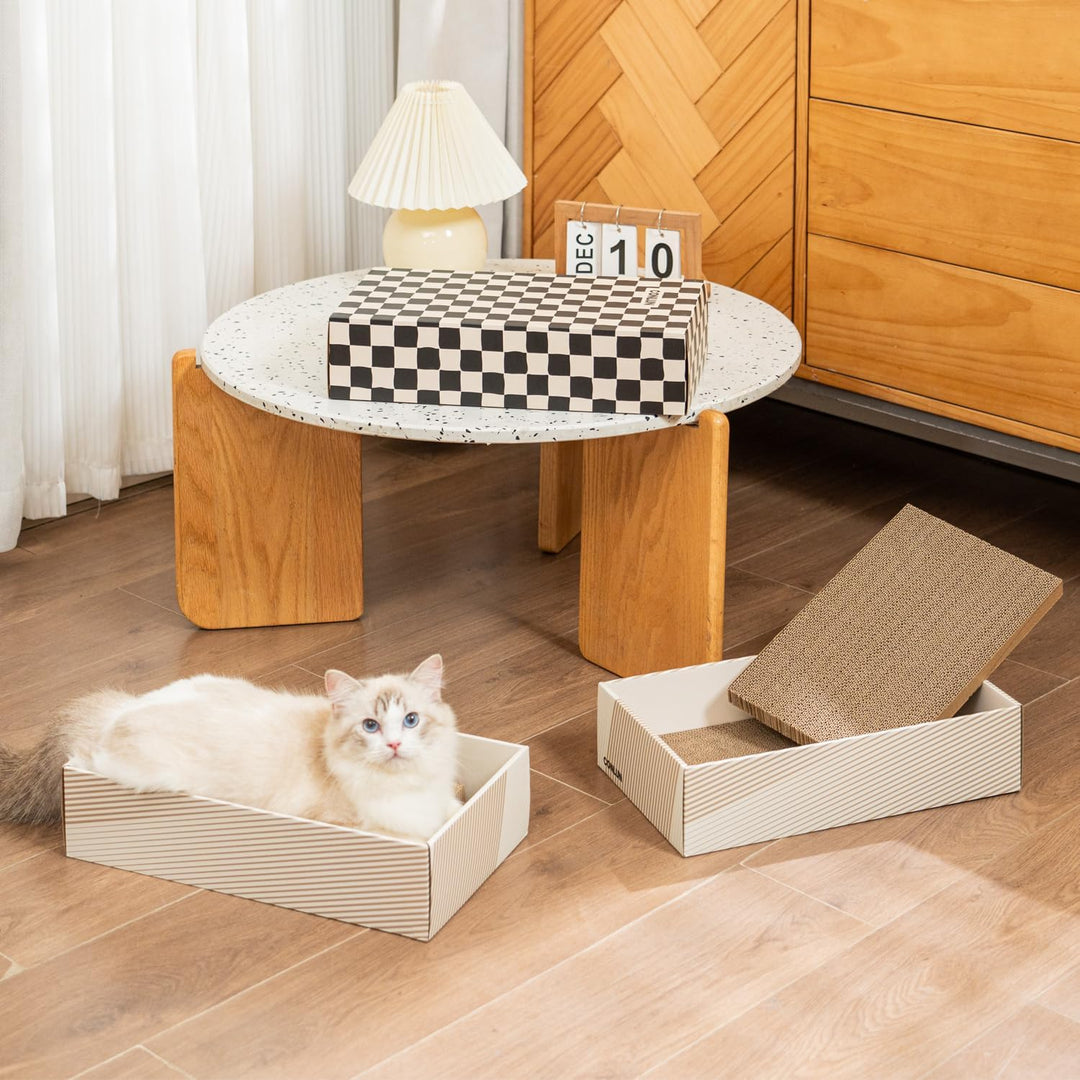 Conlun Katzenkratzbox mit 4 Kratzbretter Katze & 2 Separaten Katzen Kartons & 1 Katzenball, 2-in-1 K
