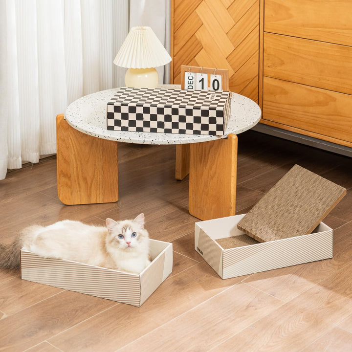Conlun Katzenkratzbox mit 4 Kratzbretter Katze & 2 Separaten Katzen Kartons & 1 Katzenball, 2-in-1 K