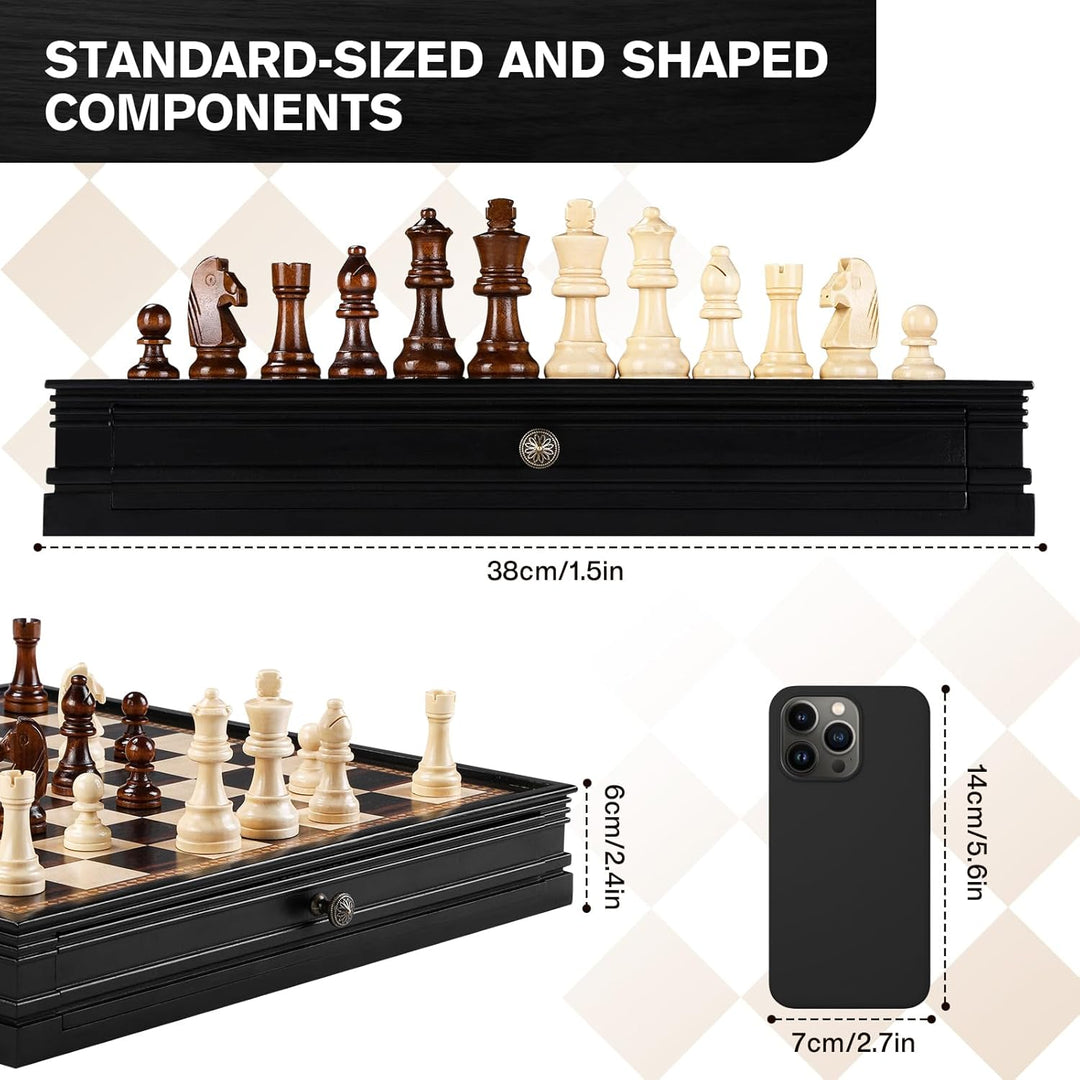 Peradix Schach Dame Spiel 2 in 1 Magnetisch Schachspiel aus Holz, 38 cm Schachbrett mit Aufbewahrung
