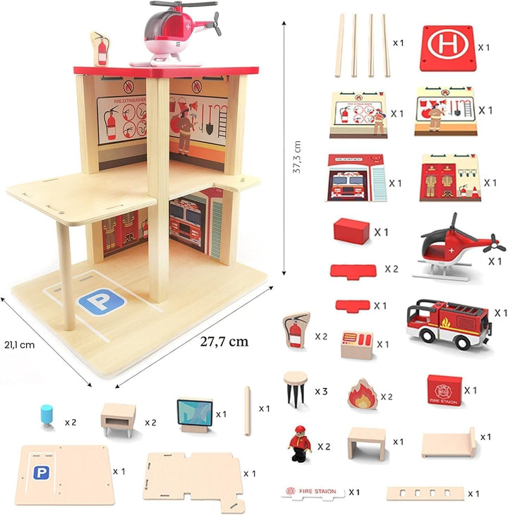 Holz-Feuerwehr-Spielset, Puppenhaus mit Feuerwehrauto, Hubschrauber, Feuerwehrleuten und Zubehör, Vo