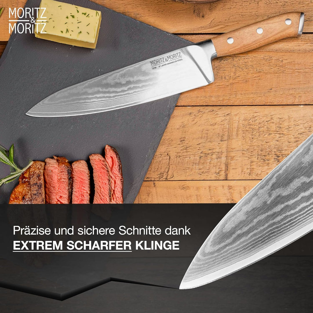 Moritz & Moritz Damastmesser 20 cm - Profi Kochmesser aus 67 Lagen Damaststahl - Scharfes Küchenmess
