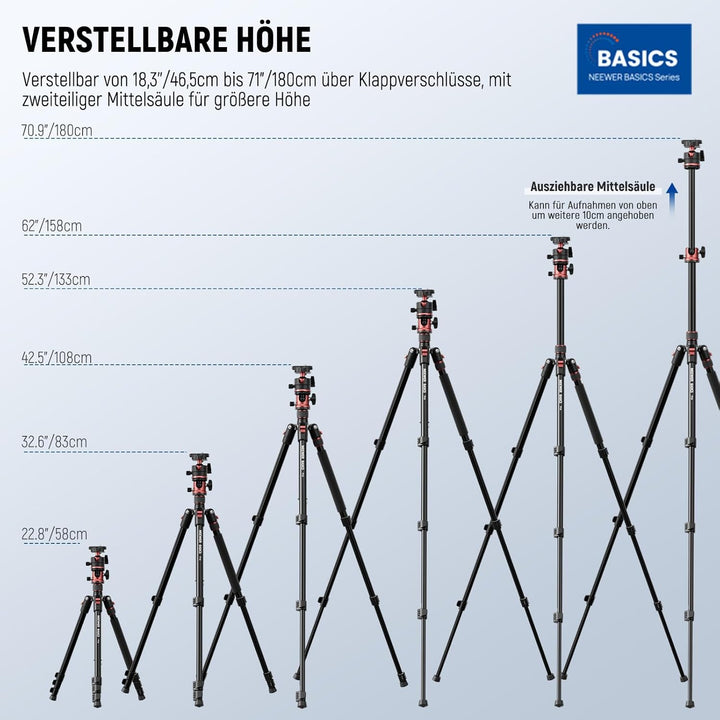 NEEWER Basics 70,9" Kamera Stativ Einbeinstativ mit Mittelsäule und Kugelkopf, Schnellwechselhalteru