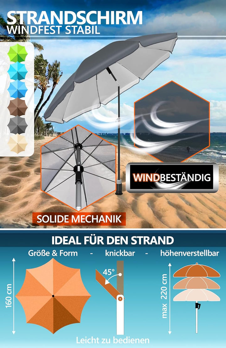 4smile Sonnenschirm Strand SunnyJoy, 3-in-1 SET, Anthrazit - UPF 50+ Strandschirm Ø 160 cm + Sonnens