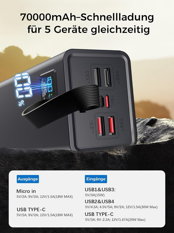 Upgrade Powerbank 70000 mAh, Large Power Bank, External Mobile Phone Battery PD 30 W Fast Charging P