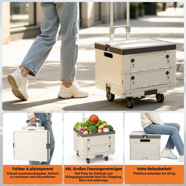 48L Einkaufstrolley klappbar 3-in-1 Boxwagen Beige | Alu+PP, 48L Boxvolumen, 3-in-1 als Plattformwag