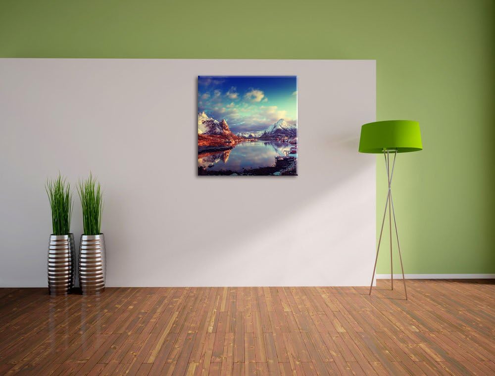 Pixxprint Schneelandschaft in einem Dorf in Norwegen, Format: 70x70 auf Leinwand, 70x70