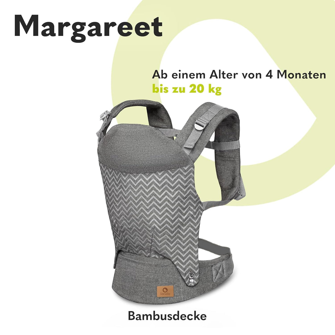 LIONELO Margareet Baby Trage, 3 Tragepositionen, richtige Position des Babys, versenkbare Haube, dop