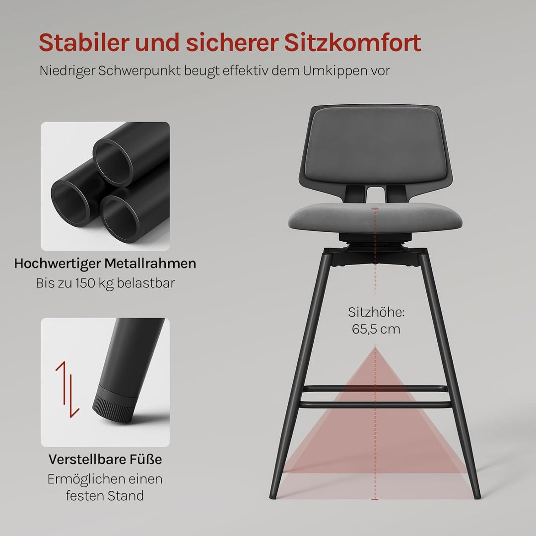 WOLTU Barhocker 2er Set, Barstuhl 360° drehbar, Küchenhocker mit Rückenlehne Fussstütze, für Küche B